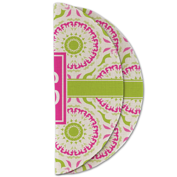 Pink & Green Suzani Round Linen Placemats - HALF FOLDED (double sided)
