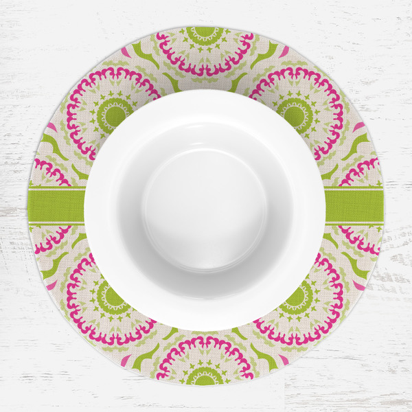 Pink & Green Suzani Round Linen Placemats - LIFESTYLE (single)