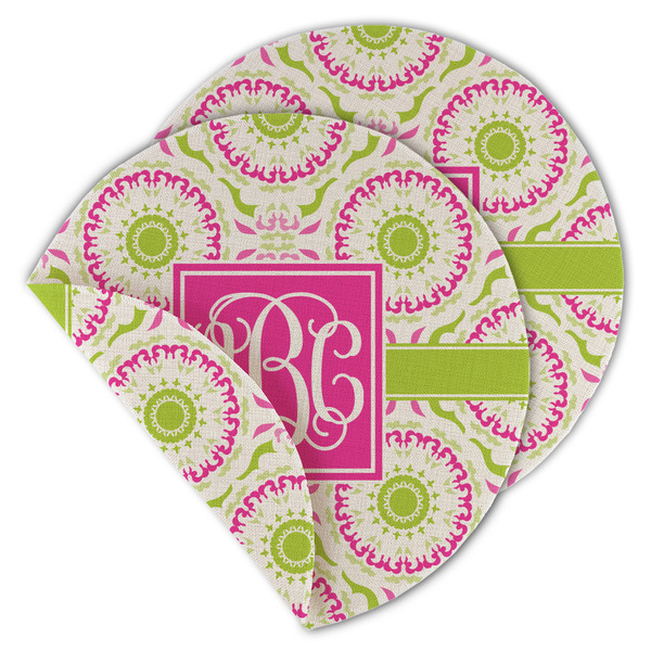 Custom Pink & Green Suzani Round Linen Placemat - Double Sided (Personalized)