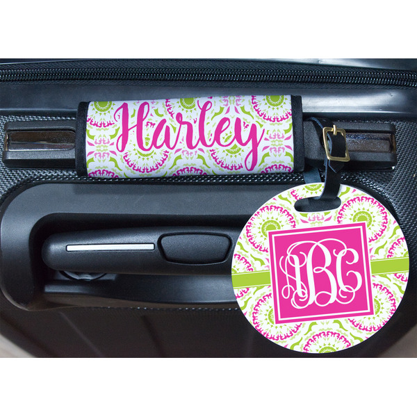 Pink & Green Suzani Round Luggage Tag & Handle Wrap - In Context