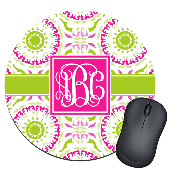 Custom Pink & Green Suzani Round Mouse Pad (Personalized)
