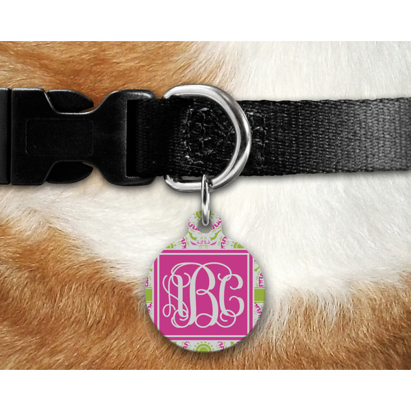 Pink & Green Suzani Round Pet Tag on Collar & Dog