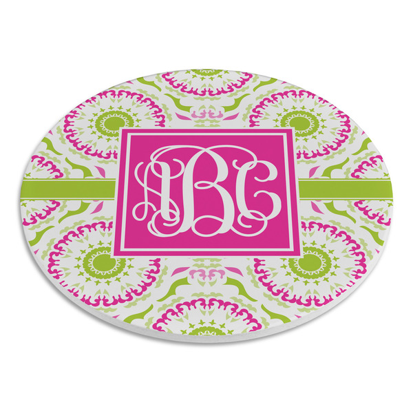 Pink & Green Suzani Round Stone Trivet - Angle View