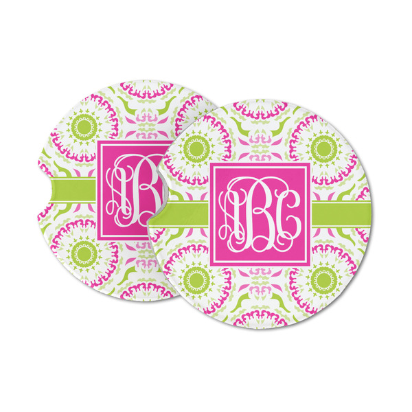 Custom Pink & Green Suzani Sandstone Car Coasters (Personalized)