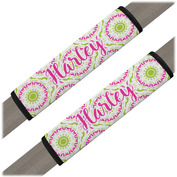 Custom Pink & Green Suzani Seat Belt Covers (Set of 2) (Personalized)