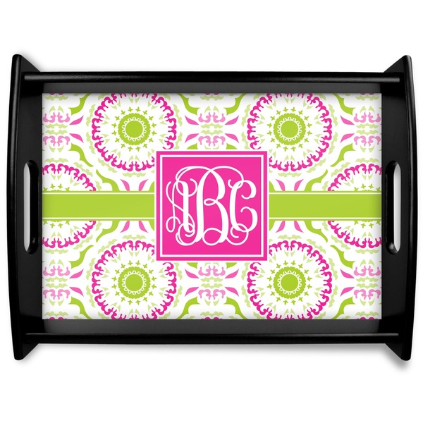 Custom Pink & Green Suzani Black Wooden Tray - Large (Personalized)