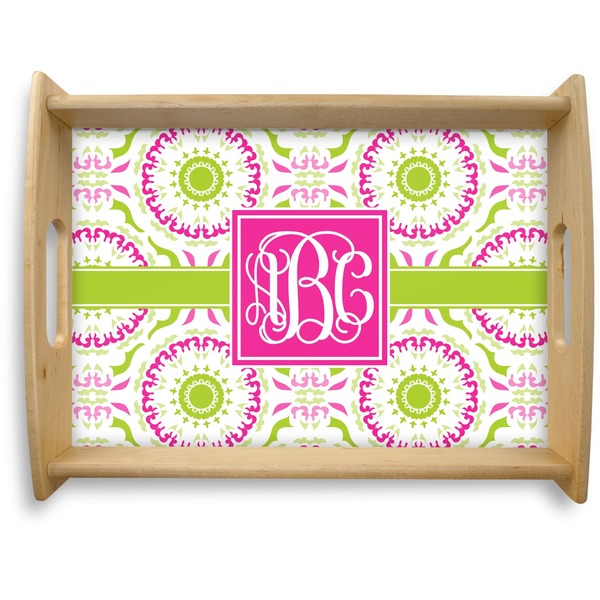 Custom Pink & Green Suzani Natural Wooden Tray - Large (Personalized)