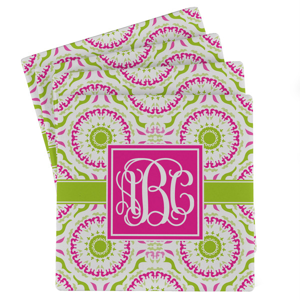 Custom Pink & Green Suzani Absorbent Stone Coasters - Set of 4 (Personalized)