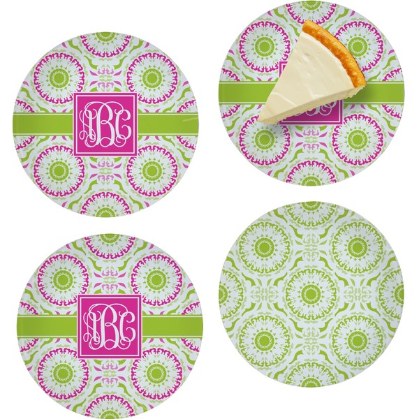 Custom Pink & Green Suzani Set of 4 Glass Appetizer / Dessert Plate 8" (Personalized)