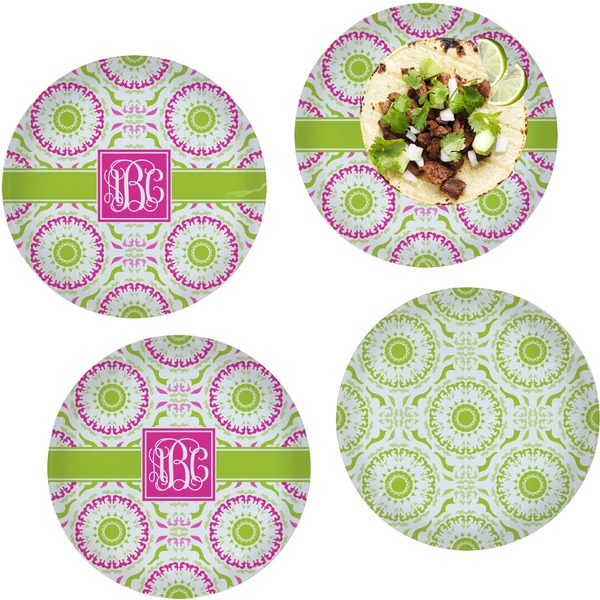 Custom Pink & Green Suzani Set of 4 Glass Lunch / Dinner Plate 10" (Personalized)