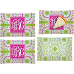Pink & Green Suzani Set of 4 Glass Rectangular Appetizer / Dessert Plate w/ Monogram