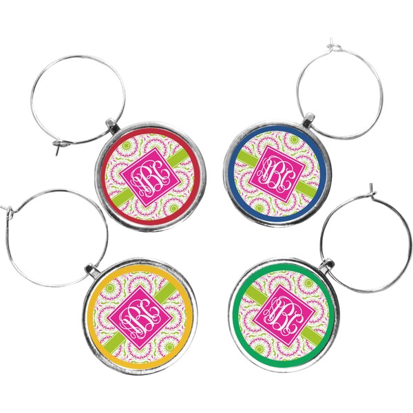 Custom Pink & Green Suzani Wine Charms (Set of 4) (Personalized)