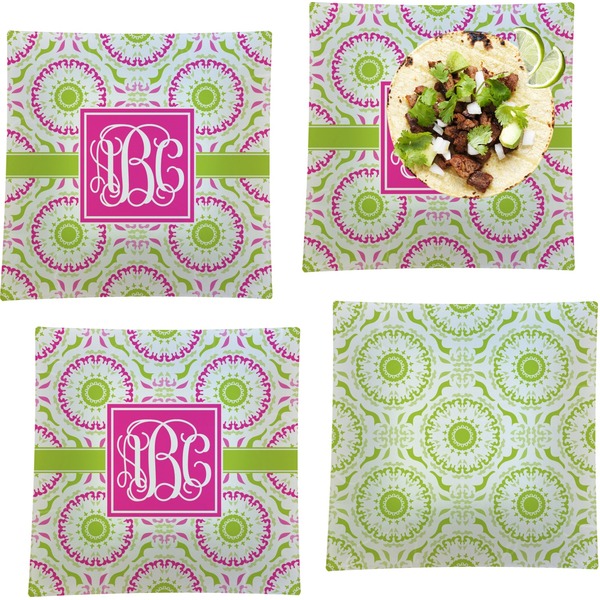 Custom Pink & Green Suzani Set of 4 Glass Square Lunch / Dinner Plate 9.5" (Personalized)