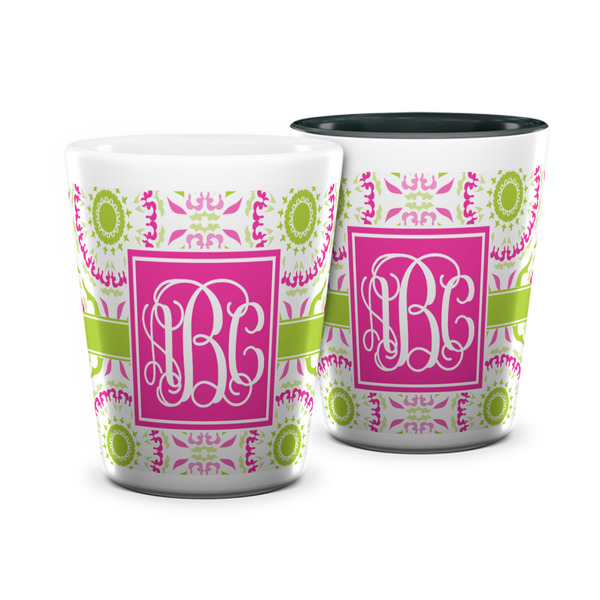 Custom Pink & Green Suzani Ceramic Shot Glass - 1.5 oz (Personalized)