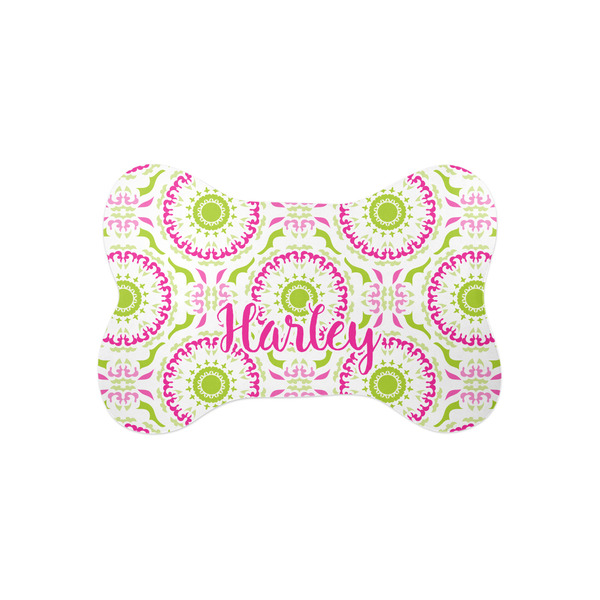 Custom Pink & Green Suzani Bone Shaped Dog Food Mat (Small) (Personalized)