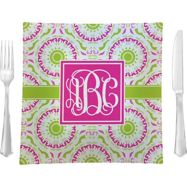 Custom Pink & Green Suzani 9.5" Glass Square Lunch / Dinner Plate- Single or Set of 4 (Personalized)