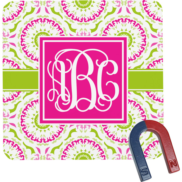 Custom Pink & Green Suzani Square Fridge Magnet (Personalized)