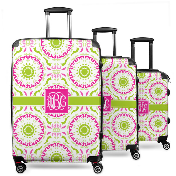 Custom Pink & Green Suzani 3 Piece Luggage Set - 20" Carry On, 24" Medium Checked, 28" Large Checked (Personalized)