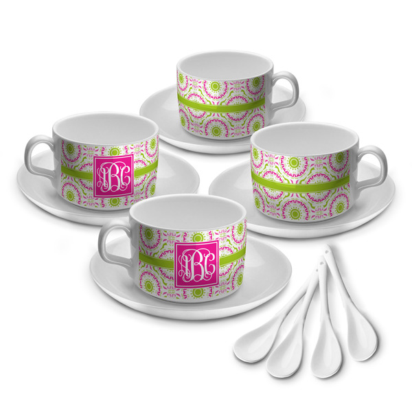Custom Pink & Green Suzani Tea Cup - Set of 4 (Personalized)