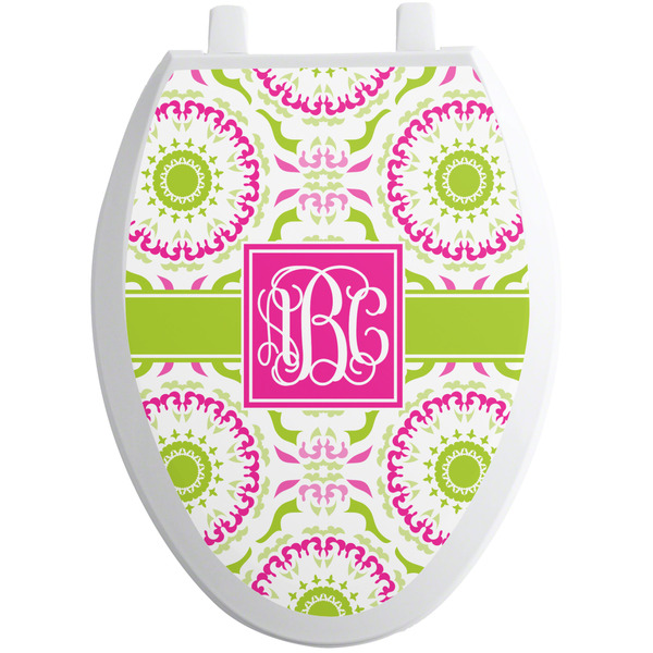 Custom Pink & Green Suzani Toilet Seat Decal - Elongated (Personalized)