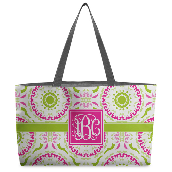 Custom Pink & Green Suzani Beach Totes Bag - w/ Black Handles (Personalized)