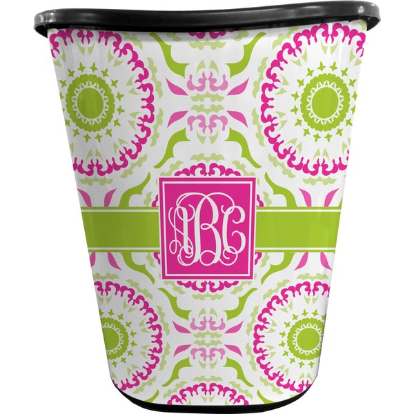 Custom Pink & Green Suzani Waste Basket - Double Sided (Black) (Personalized)