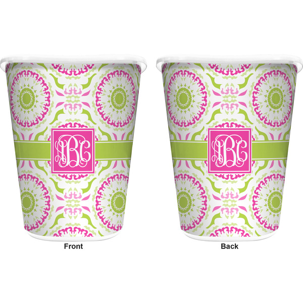 Pink & Green Suzani Trash Can White - Front and Back - Apvl