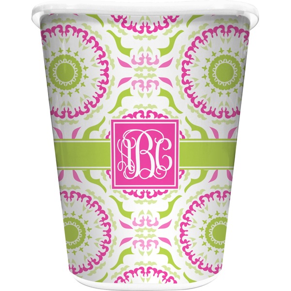 Custom Pink & Green Suzani Waste Basket - Double Sided (White) (Personalized)