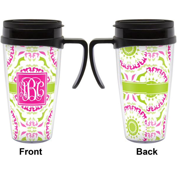 Pink & Green Suzani Travel Mug with Black Handle - Approval