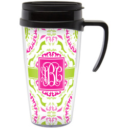 Pink & Green Suzani Acrylic Travel Mug with Handle (Personalized)