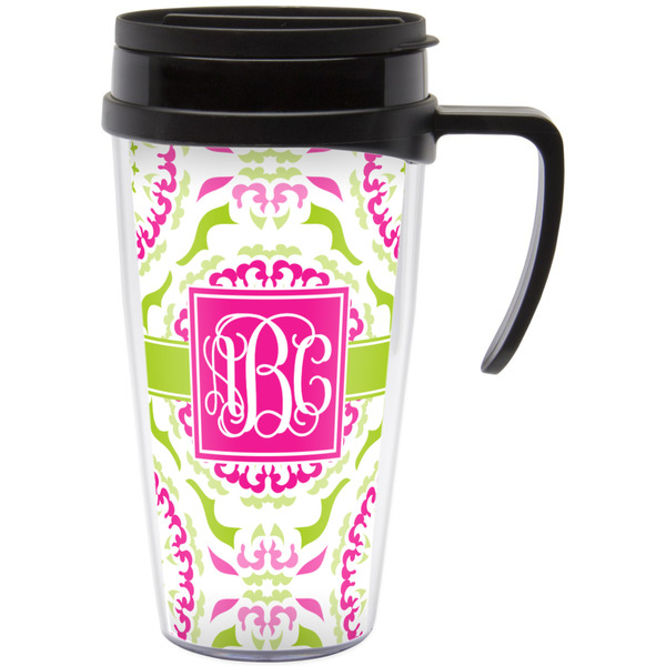 Custom Pink & Green Suzani Acrylic Travel Mug with Handle (Personalized)