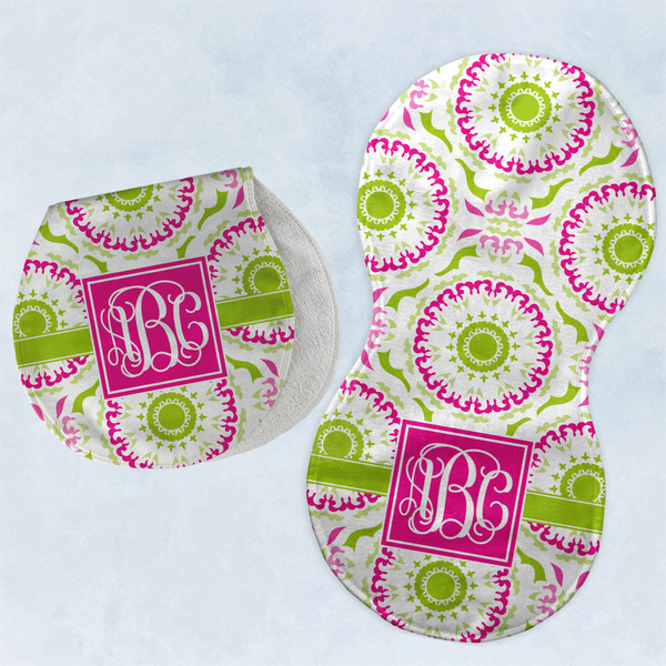 Custom Pink & Green Suzani Burp Pads - Velour - Set of 2 w/ Monogram