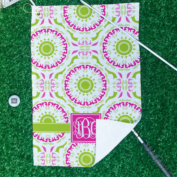 Pink & Green Suzani Waffle Weave Golf Towel - In Context