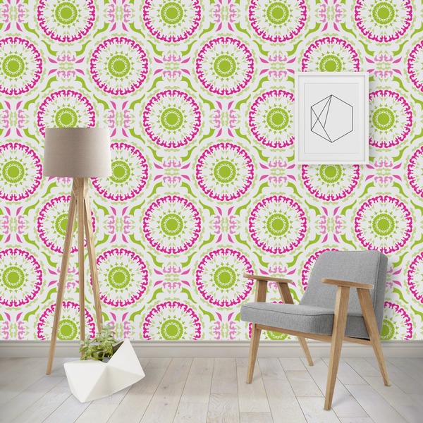 Custom Pink & Green Suzani Wallpaper & Surface Covering (Water Activated - Removable)