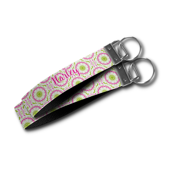 Pink & Green Suzani Webbing Keychain FOBs - Size Comparison
