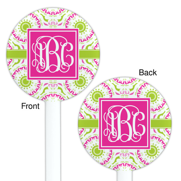 Pink & Green Suzani White Plastic 5.5" Stir Stick - Double Sided - Round - Front & Back