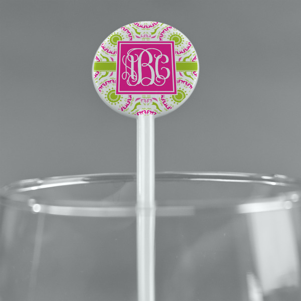 Pink & Green Suzani White Plastic 5.5" Stir Stick - Round - Main