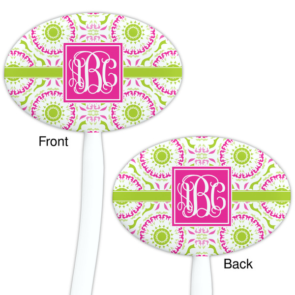 Pink & Green Suzani White Plastic 7" Stir Stick - Double Sided - Oval - Front & Back