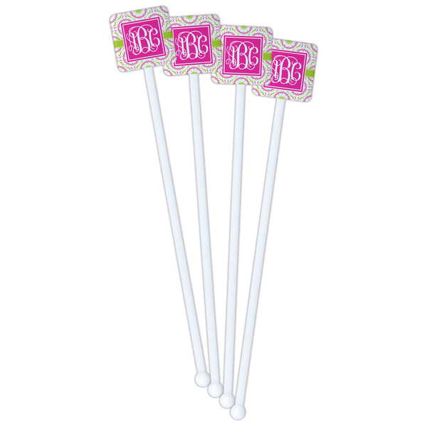 Pink & Green Suzani White Plastic Stir Stick - Single Sided - Square - Front