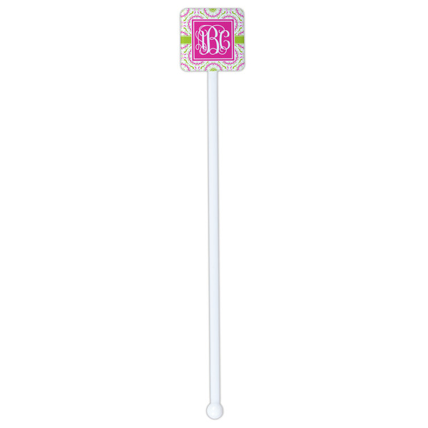 Pink & Green Suzani White Plastic Stir Stick - Single Sided - Square - Single Stick