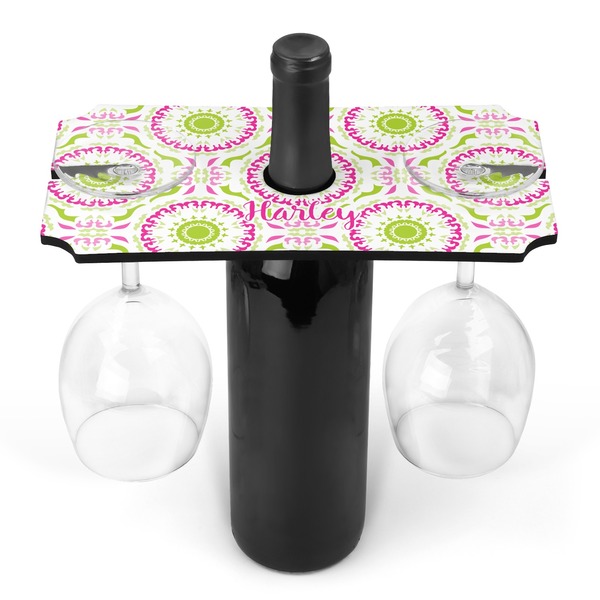 Custom Pink & Green Suzani Wine Bottle & Glass Holder (Personalized)