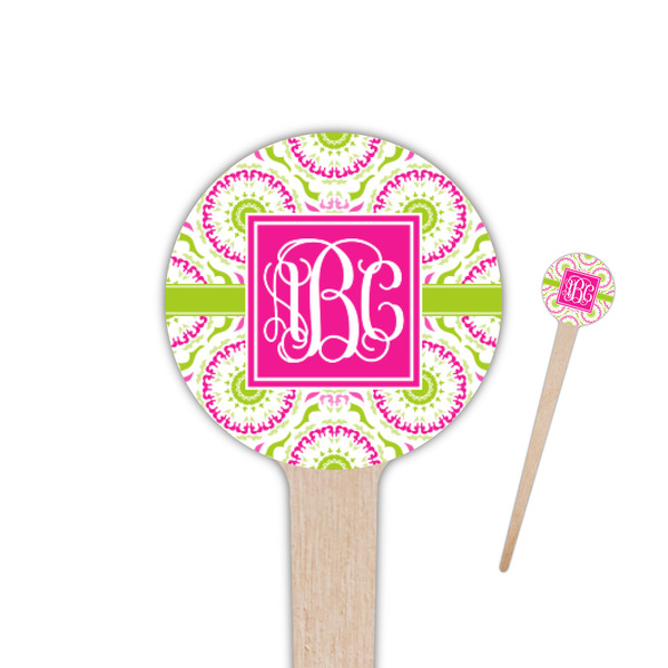 Custom Pink & Green Suzani 4" Round Wooden Food Picks - Single Sided (Personalized)