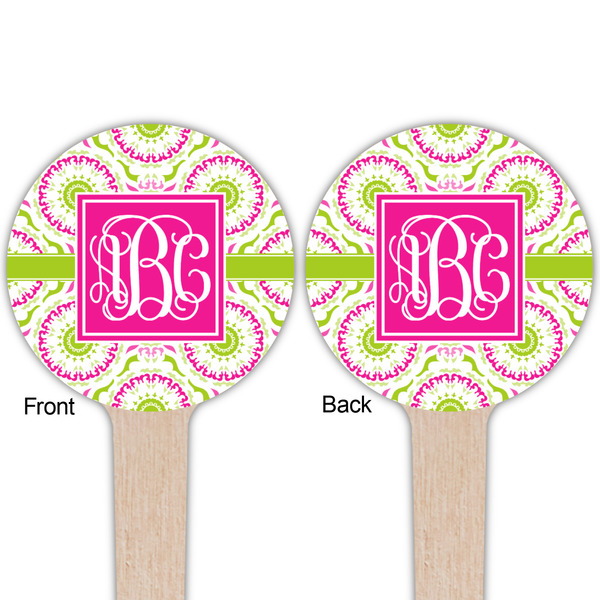 Pink & Green Suzani Wooden 4" Food Pick - Round - Double Sided - Front & Back