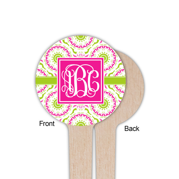 Pink & Green Suzani Wooden 4" Food Pick - Round - Single Sided - Front & Back