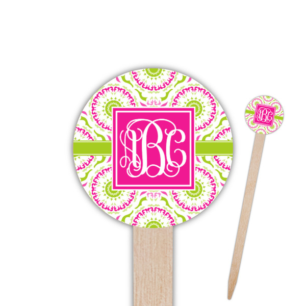 Custom Pink & Green Suzani 6" Round Wooden Food Picks - Double Sided (Personalized)