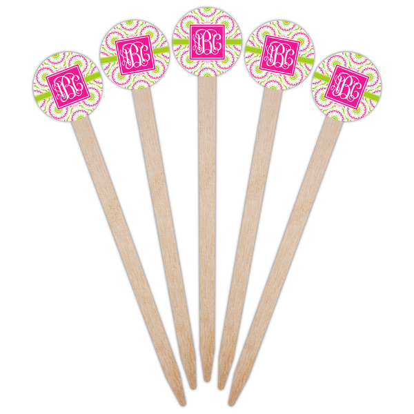 Pink & Green Suzani Wooden 6" Food Pick - Round - Fan View