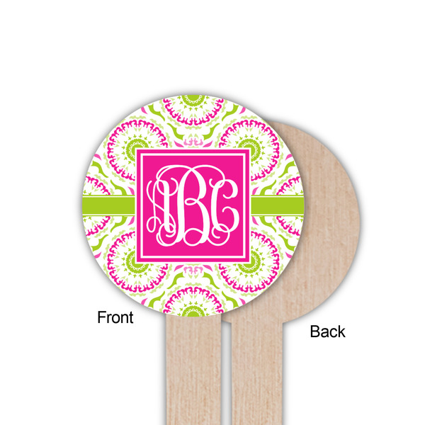 Pink & Green Suzani Wooden 6" Food Pick - Round - Single Sided - Front & Back