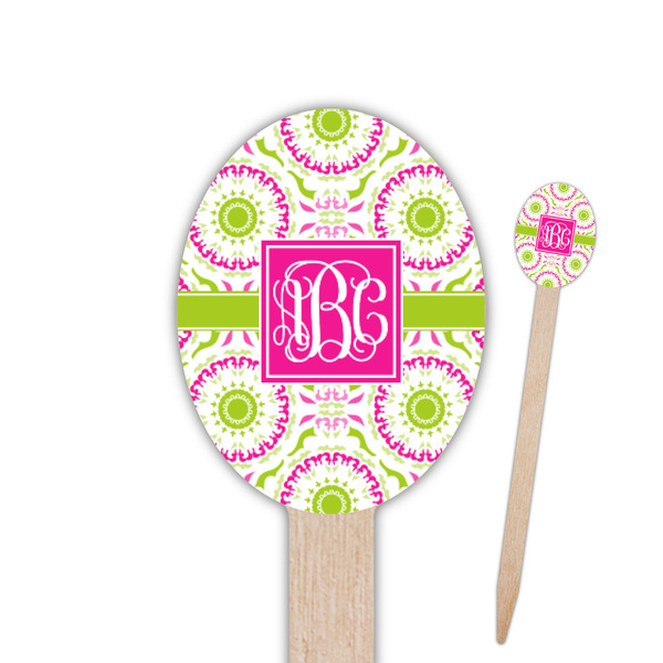 Custom Pink & Green Suzani Oval Wooden Food Picks - Double Sided (Personalized)