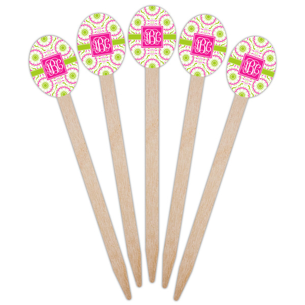 Pink & Green Suzani Wooden Food Pick - Oval - Fan View