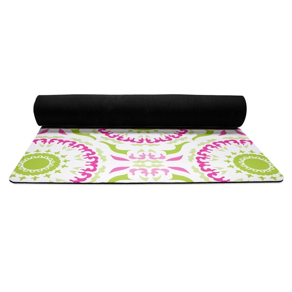 Pink & Green Suzani Yoga Mat Rolled up Black Rubber Backing